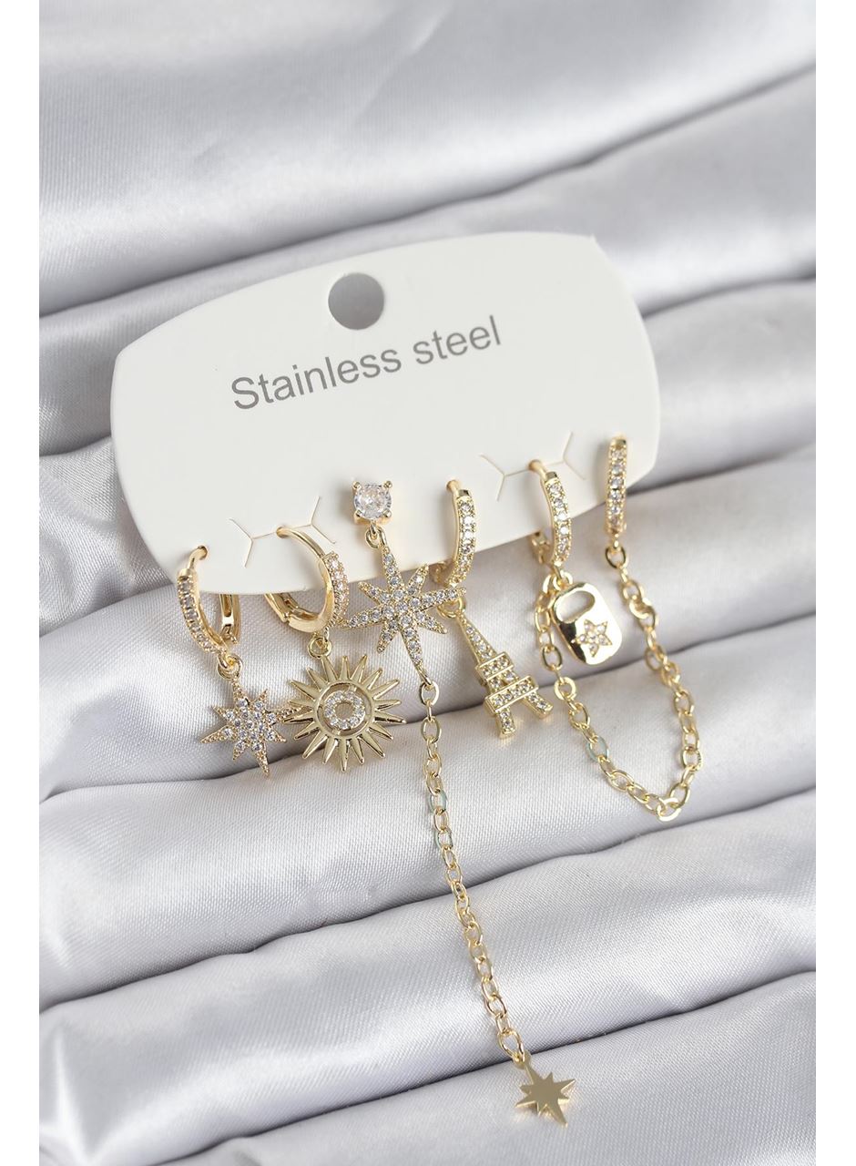 316L Çelik Gold Renk 6'lı Set Charmlı Kadın Küpe