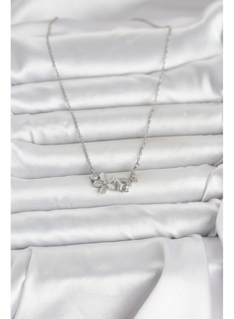 316L Çelik Zincir Gümüş Renk Çiçek ve Kelebek Model Kadın Kolye