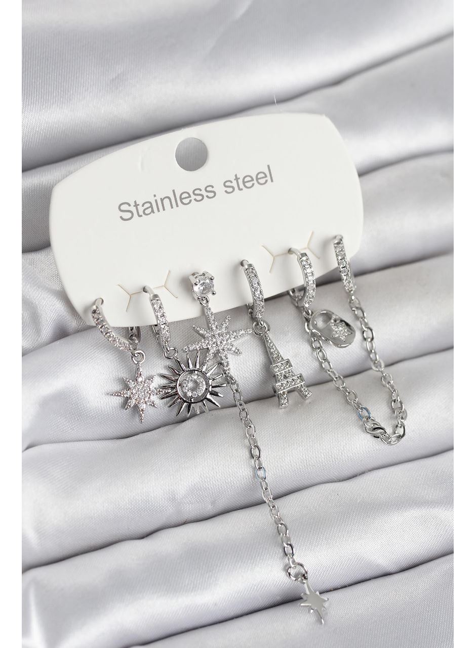 316L Çelik Gümüş Renk 6'lı Set Charmlı Kadın Küpe