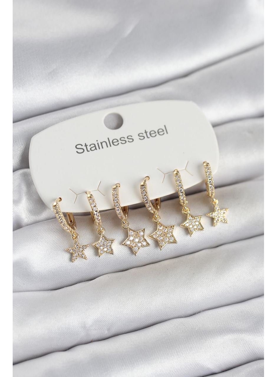 316L Çelik Gold Renk 6'lı Set Yıldız Model Kadın Küpe