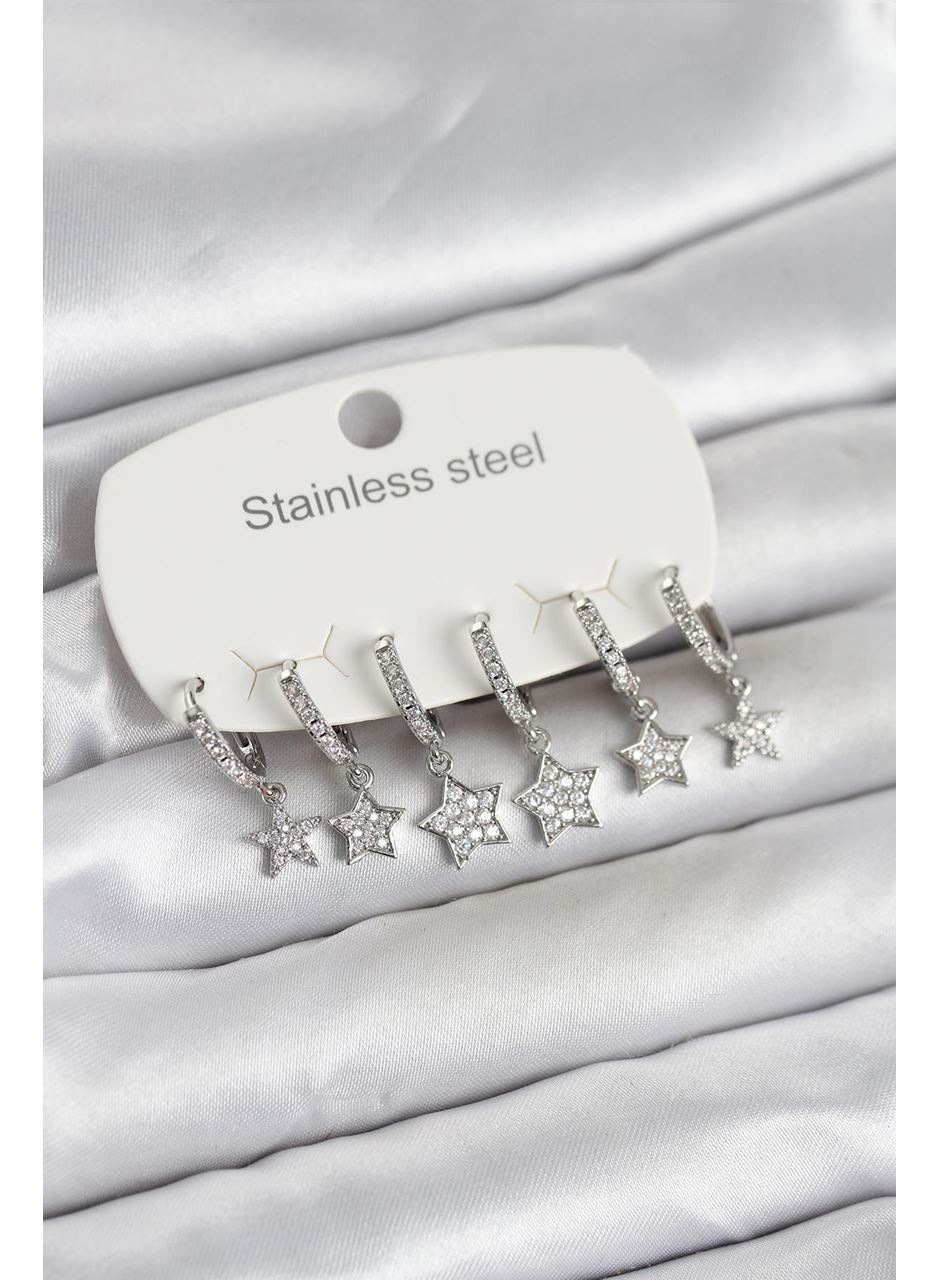 316L Çelik Gümüş Renk 6'lı Set Yıldız Model Kadın Küpe
