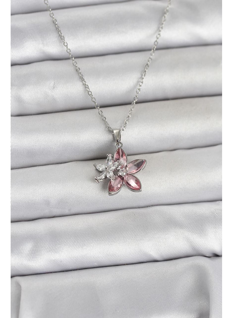316L Çelik Zincir Gümüş Renk Pembe Lotus Model Kadın Kolye