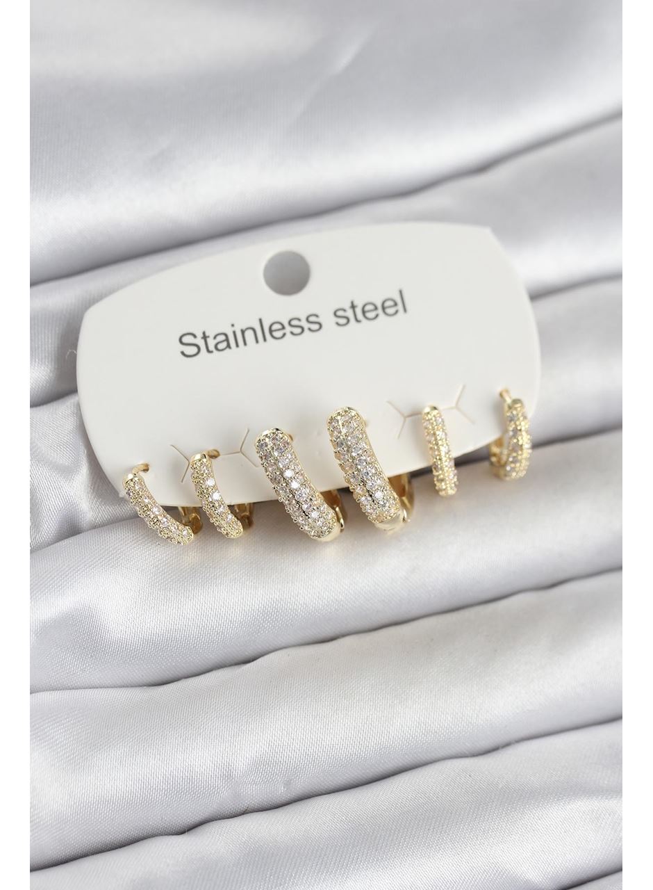 316L Çelik Gold Renk 6'lı Set Zirkon Taşlı Halka Model Kadın Küpe