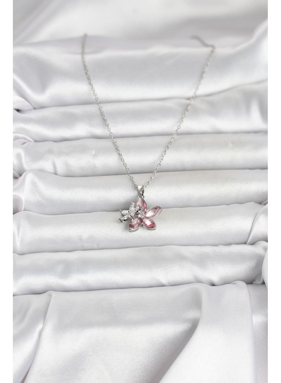 316L Çelik Zincir Gümüş Renk Pembe Lotus Model Kadın Kolye