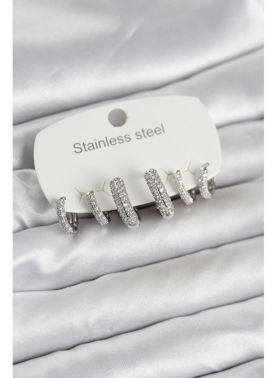 316L Çelik Gümüş Renk 6'lı Set Zirkon Taşlı Halka Model Kadın Küpe