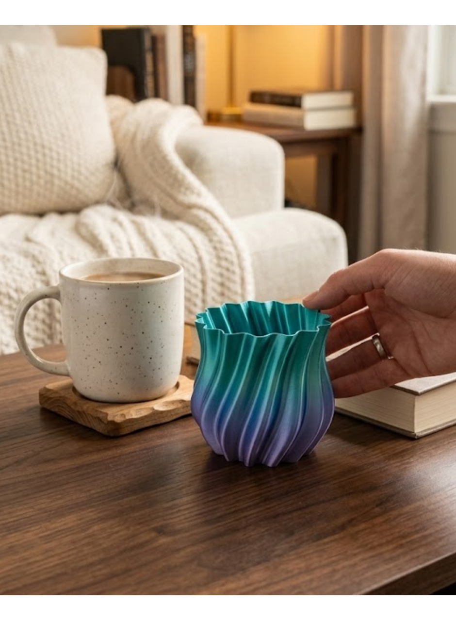 Mavi Degrade Kıvrımlı 3D Vazo Minimal Modern Ev Dekoru