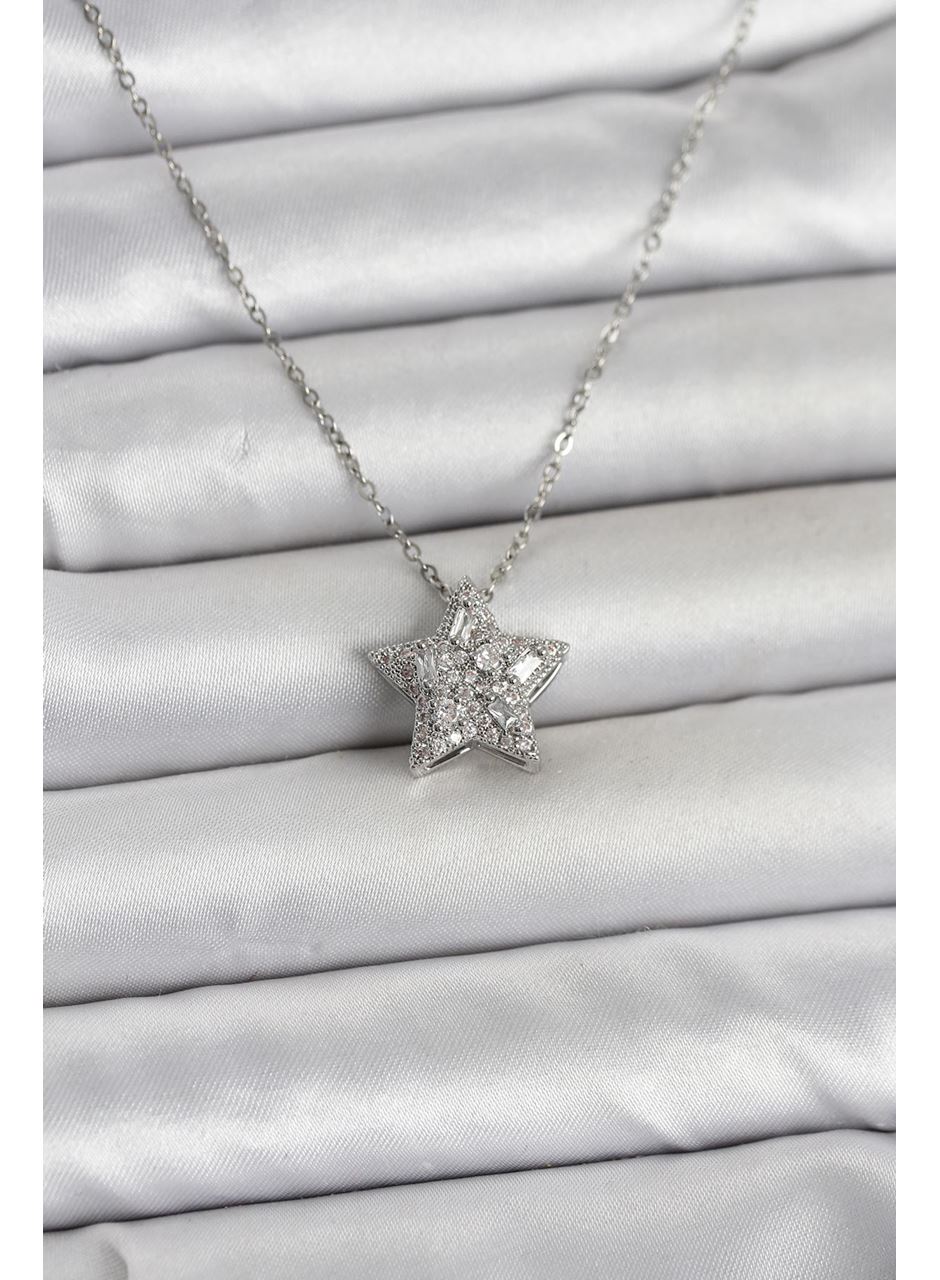 316L Çelik Zincir Gümüş Renk Zirkon Taşlı Yıldız Model Kadın Kolye