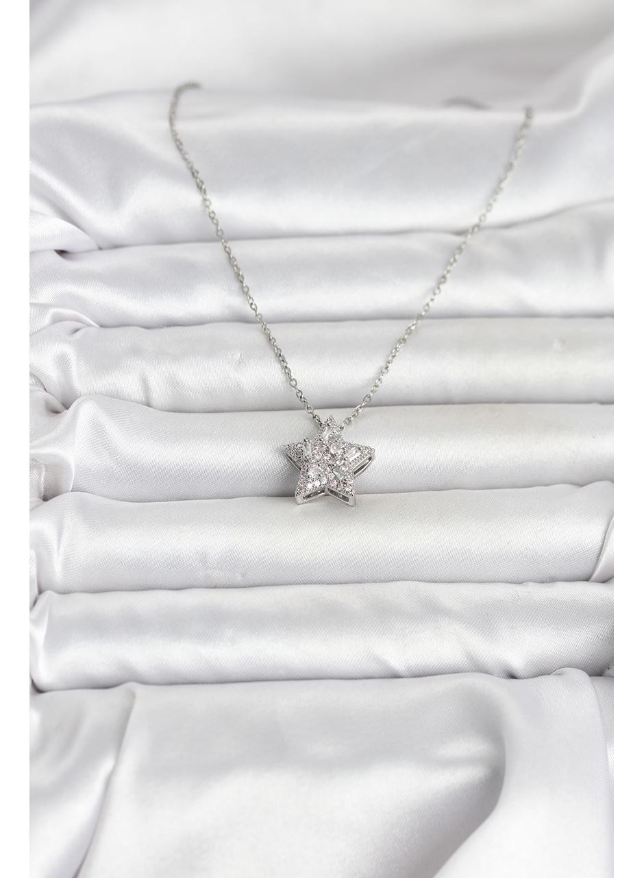 316L Çelik Zincir Gümüş Renk Zirkon Taşlı Yıldız Model Kadın Kolye