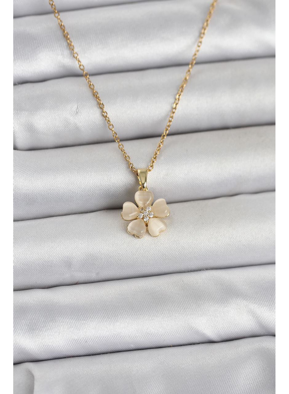 316L Çelik Zincir Gold Renk Yonca Model Kadın Kolye