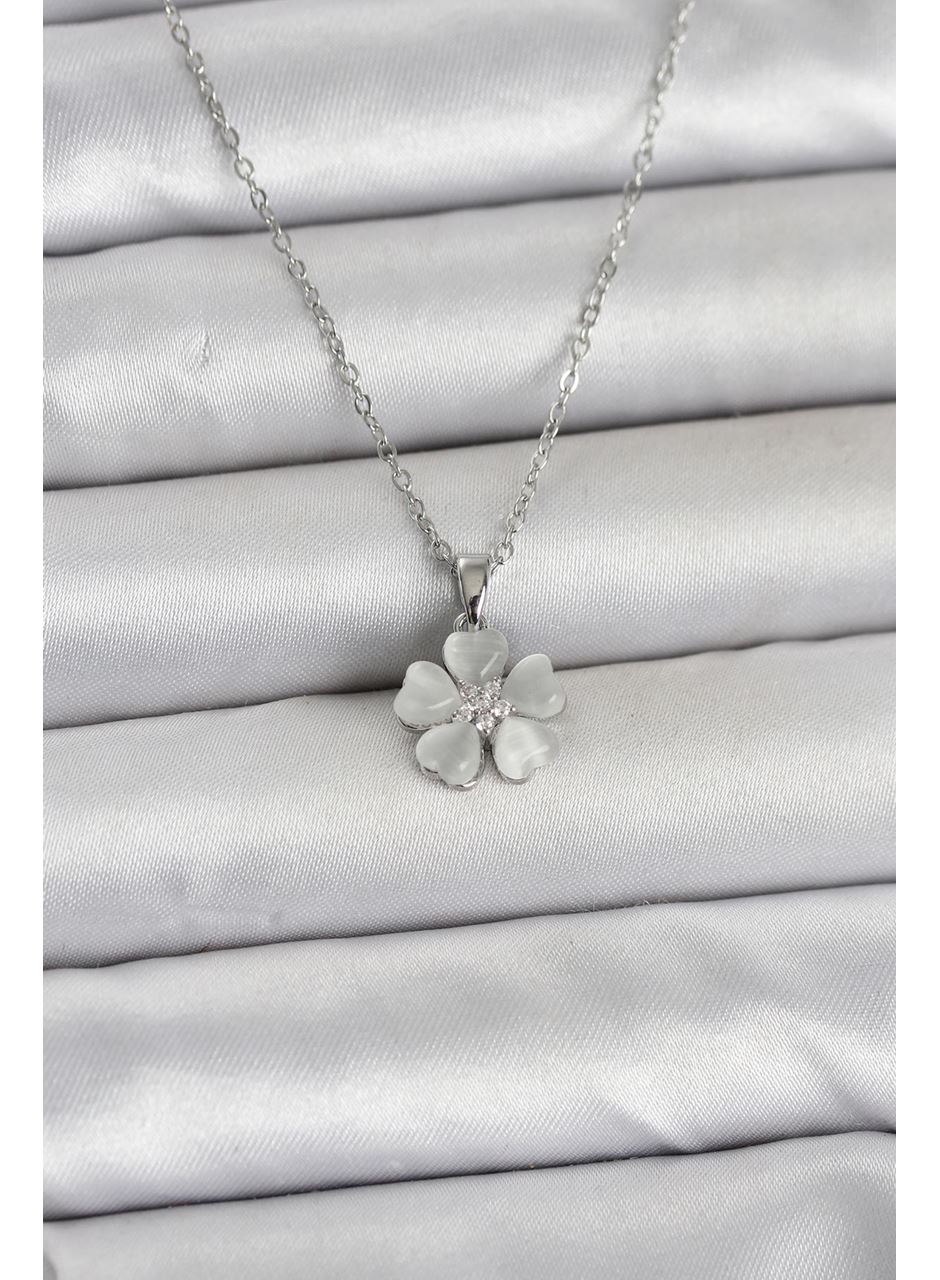 316L Çelik Zincir Gümüş Renk Yonca Model Kadın Kolye