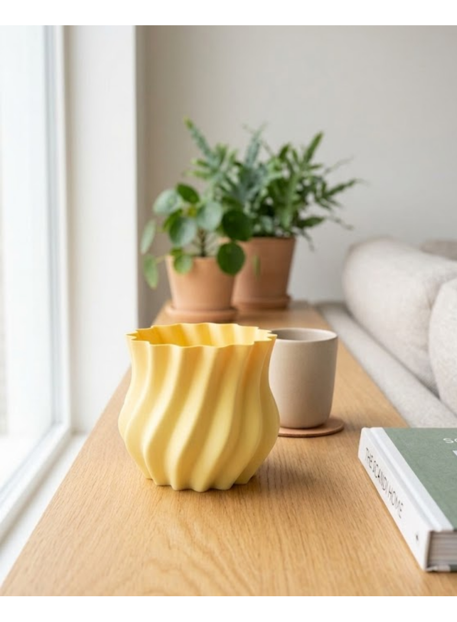 Sarı Kıvrımlı 3D Vazo Estetik Modern Ev ve Ofis Dekoru