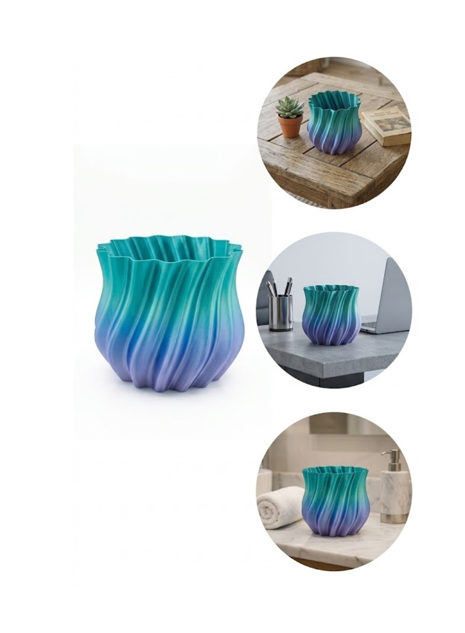 3D Kıvrımlı Mavi Vazo Modern Dekoratif Şık Ev Aksesuarı