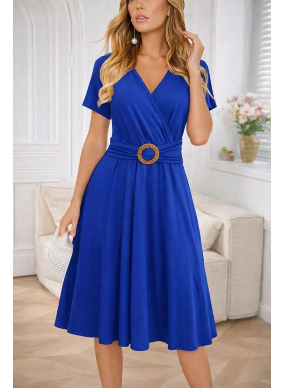 Kadın Kısa Kollu Kruvaze Yakalı önden Toka Detaylı Kısa Viskon Elbise