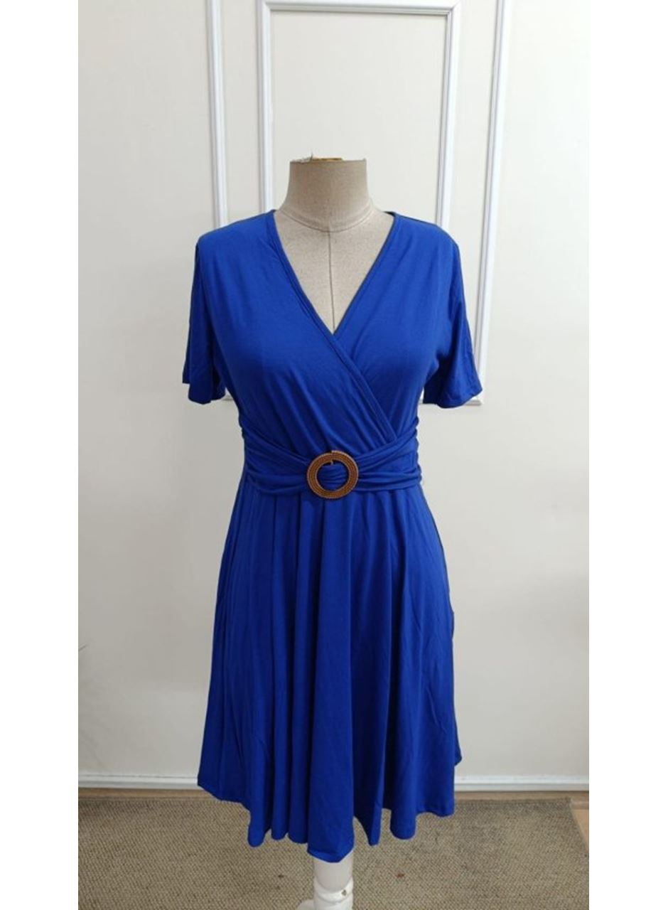 Kadın Kısa Kollu Kruvaze Yakalı önden Toka Detaylı Kısa Viskon Elbise