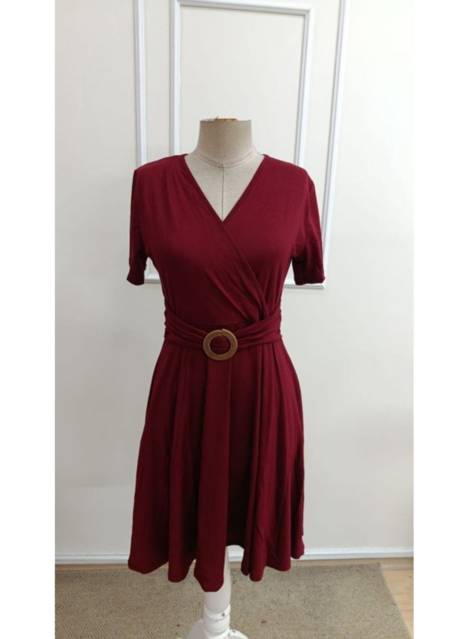 Kadın Kısa Kollu Kruvaze Yakalı önden Toka Detaylı Kısa Viskon Elbise