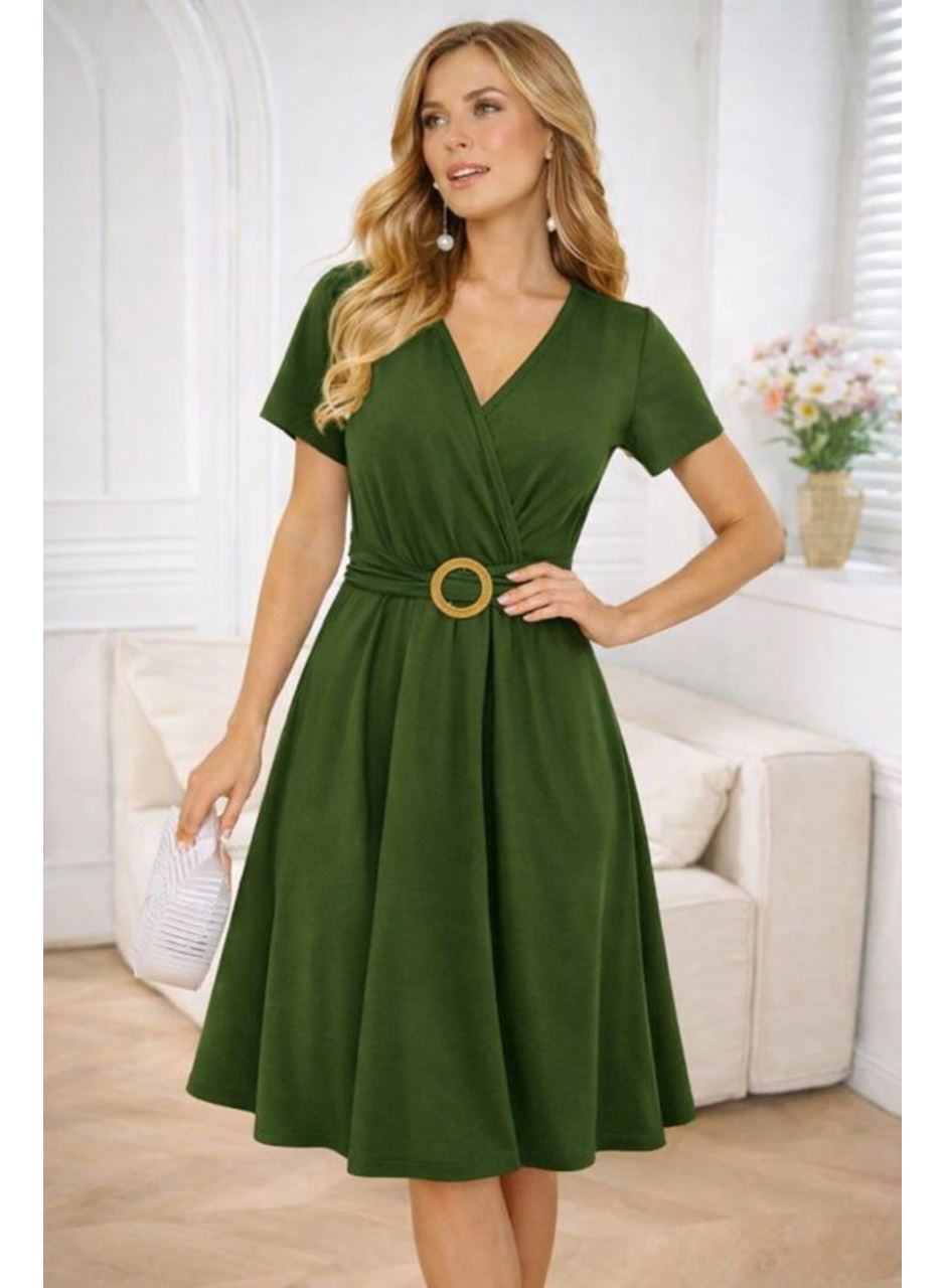 Kadın Kısa Kollu Kruvaze Yakalı önden Toka Detaylı Kısa Viskon Elbise