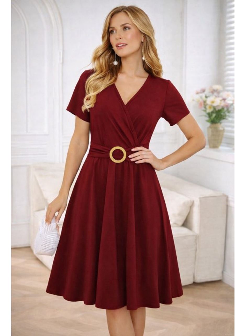 Kadın Kısa Kollu Kruvaze Yakalı önden Toka Detaylı Kısa Viskon Elbise