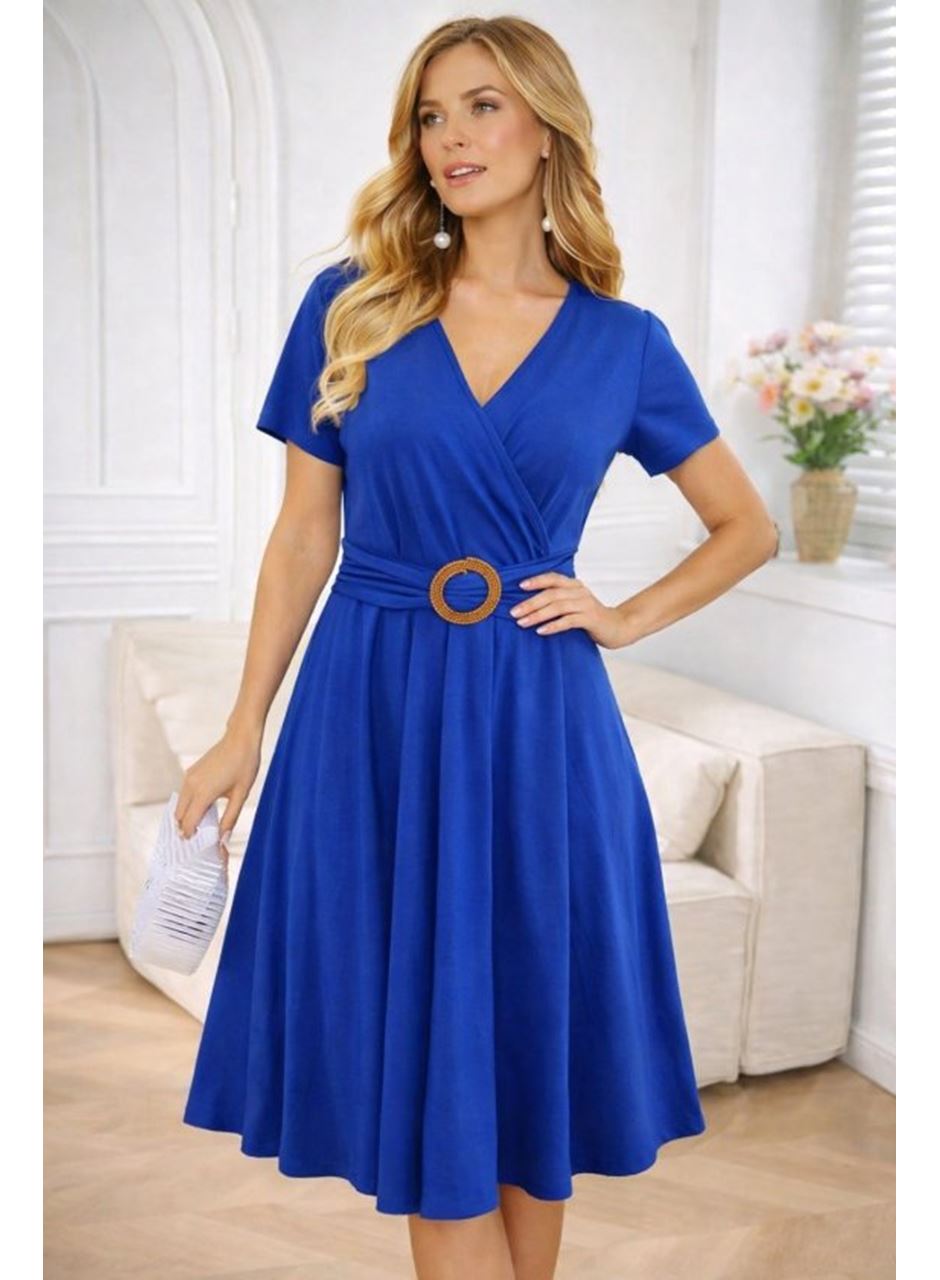 Kadın Kısa Kollu Kruvaze Yakalı önden Toka Detaylı Kısa Viskon Elbise