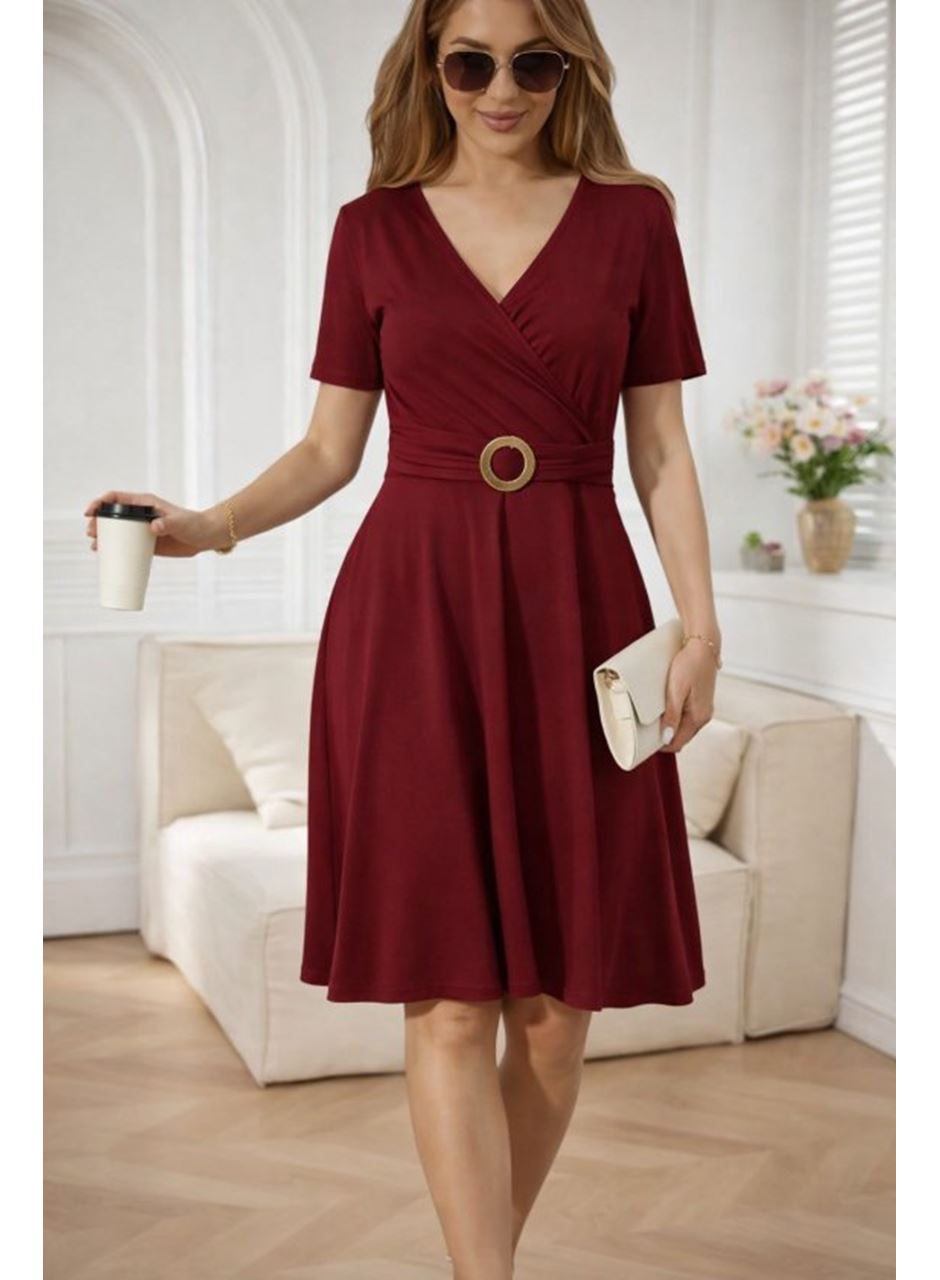 Kadın Kısa Kollu Kruvaze Yakalı önden Toka Detaylı Kısa Viskon Elbise