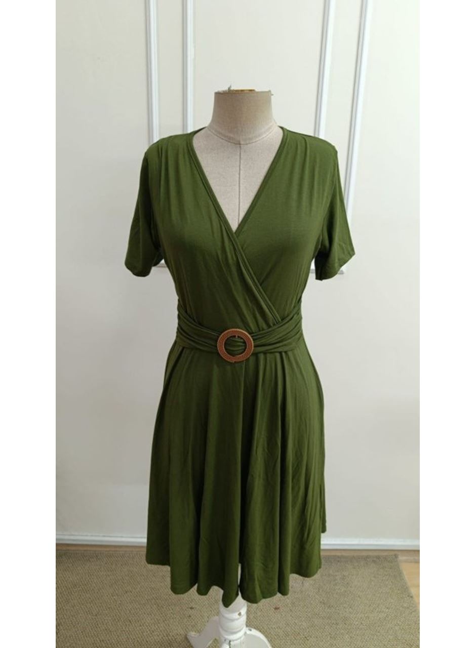 Kadın Kısa Kollu Kruvaze Yakalı önden Toka Detaylı Kısa Viskon Elbise