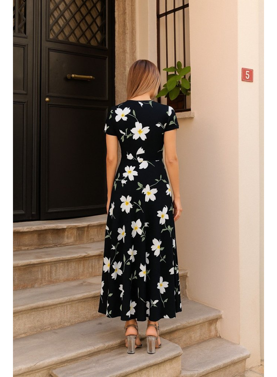 Kadın Kısa Kollu Bisiklet Yaka Puantiyeli Maksi örme Krep Elbise