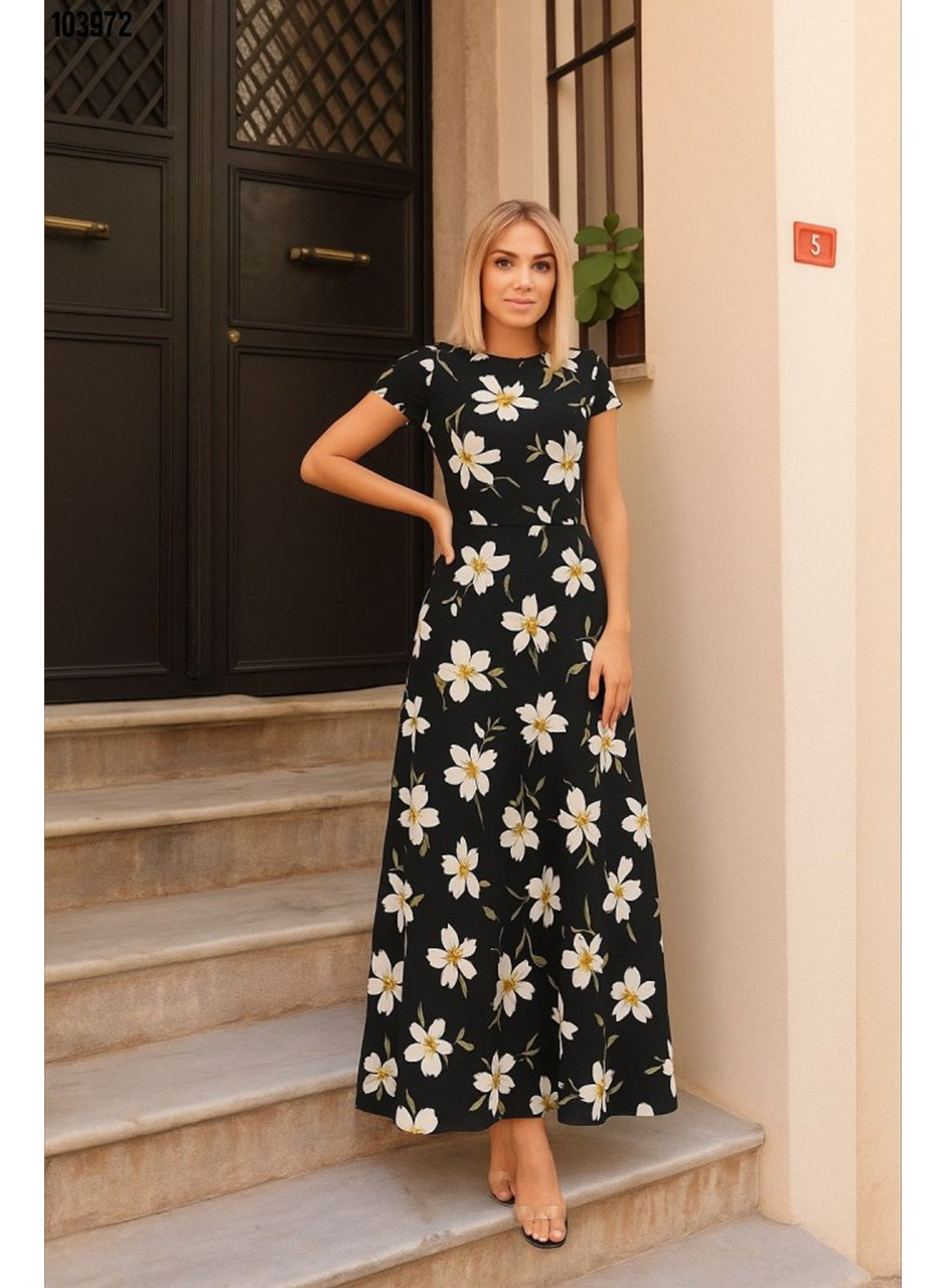 Kadın Kısa Kollu Bisiklet Yaka Puantiyeli Maksi örme Krep Elbise