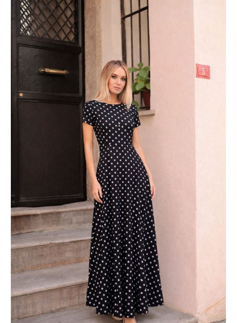 Kadın Kısa Kollu Bisiklet Yaka Puantiyeli Maksi örme Krep Elbise