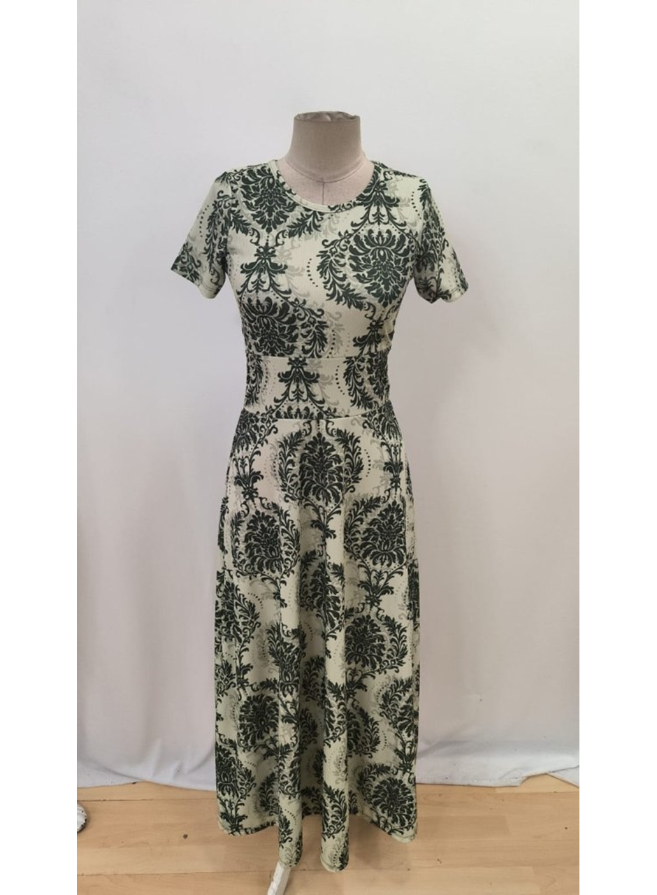 Kadın Kısa Kollu Bisiklet Yaka Puantiyeli Maksi örme Krep Elbise