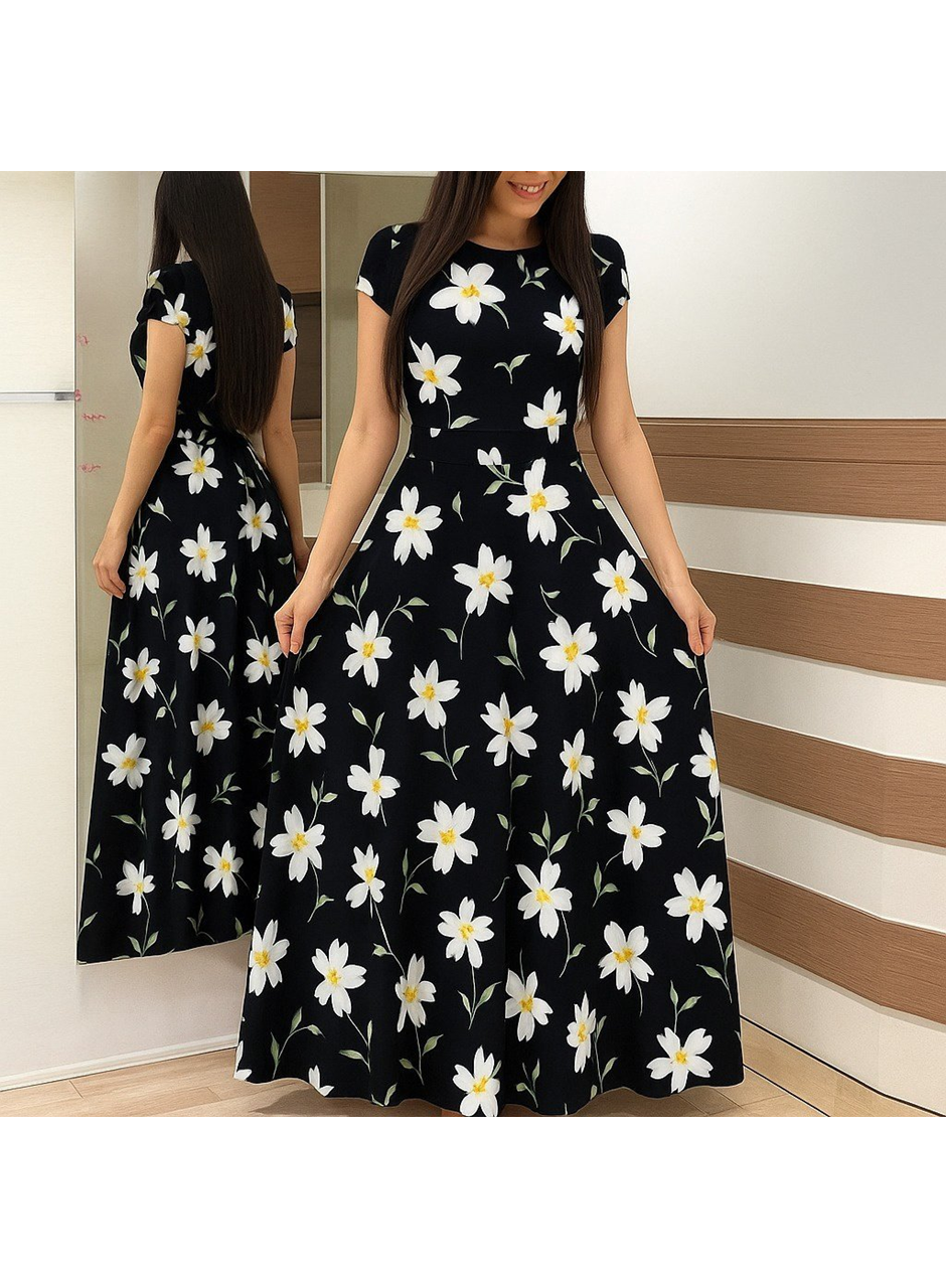 Kadın Kısa Kollu Bisiklet Yaka Puantiyeli Maksi örme Krep Elbise