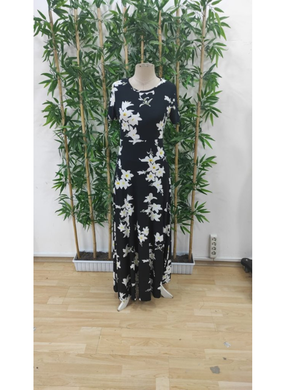 Kadın Kısa Kollu Bisiklet Yaka Puantiyeli Maksi örme Krep Elbise