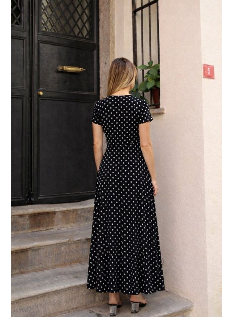 Kadın Kısa Kollu Bisiklet Yaka Puantiyeli Maksi örme Krep Elbise