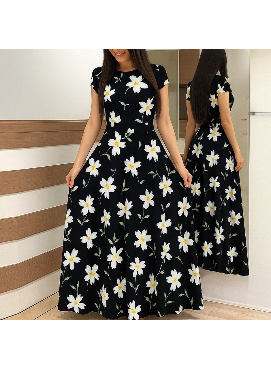 Kadın Kısa Kollu Bisiklet Yaka Puantiyeli Maksi örme Krep Elbise