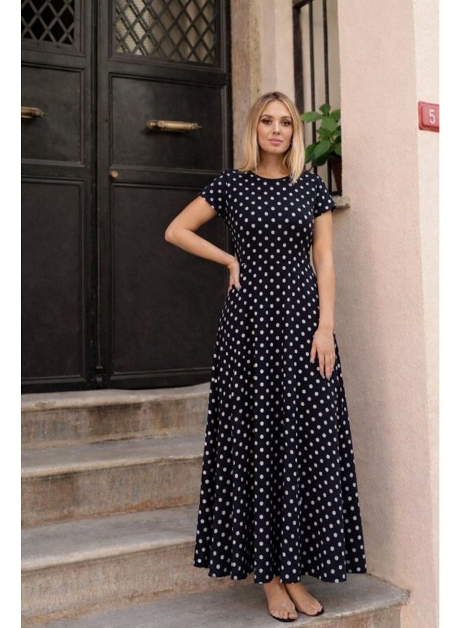 Kadın Kısa Kollu Bisiklet Yaka Puantiyeli Maksi örme Krep Elbise