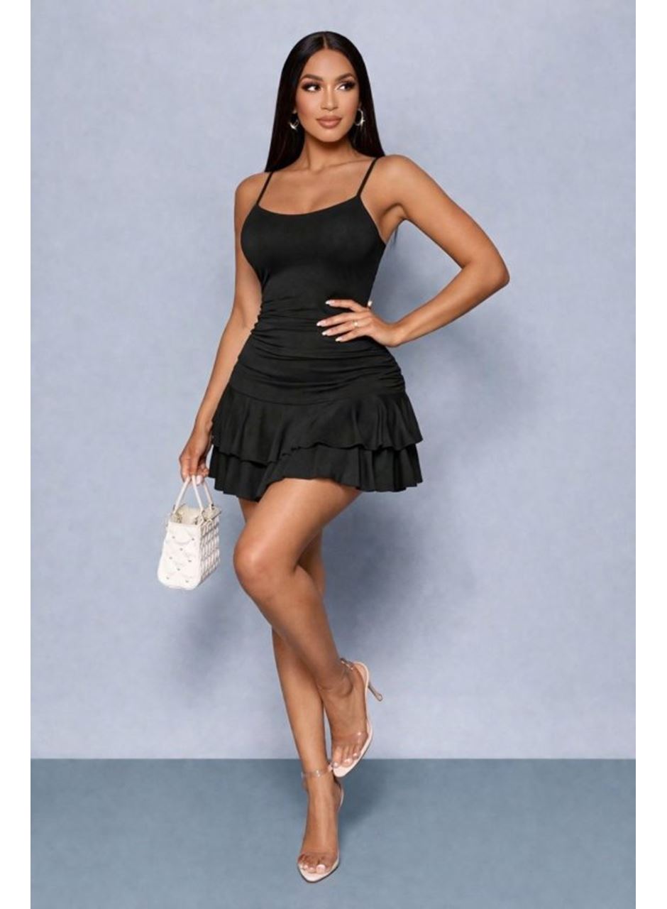 Kadın Ip Askılı Yuvarlak Yaka Büzgülü Kısa Sandy Elbise