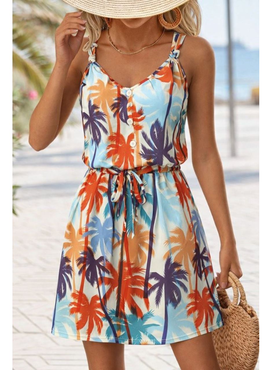 Kadını Askılı V Yakalı Duğme Detaylı Desenli Kısa Süprem Elbise