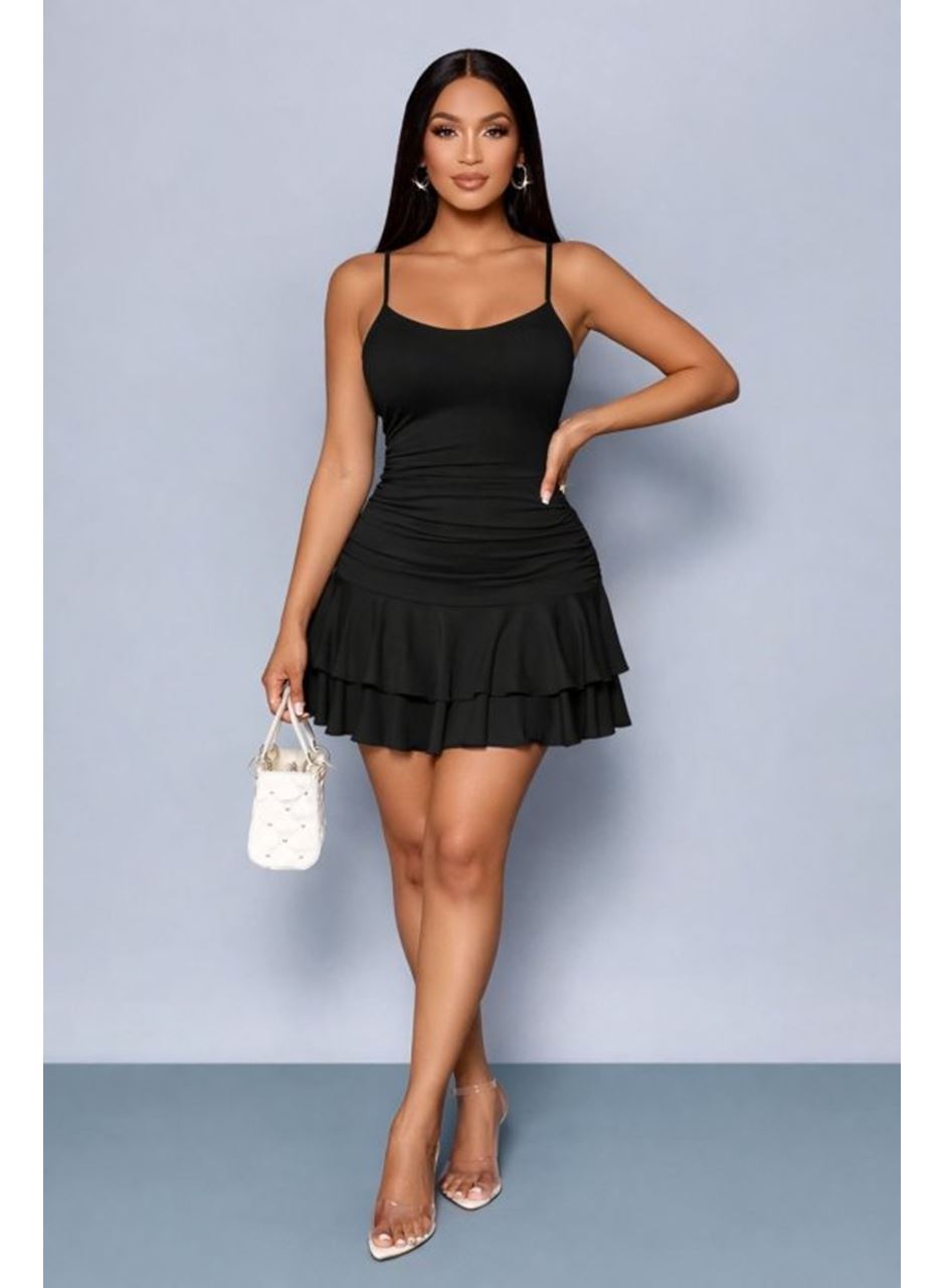 Kadın Ip Askılı Yuvarlak Yaka Büzgülü Kısa Sandy Elbise