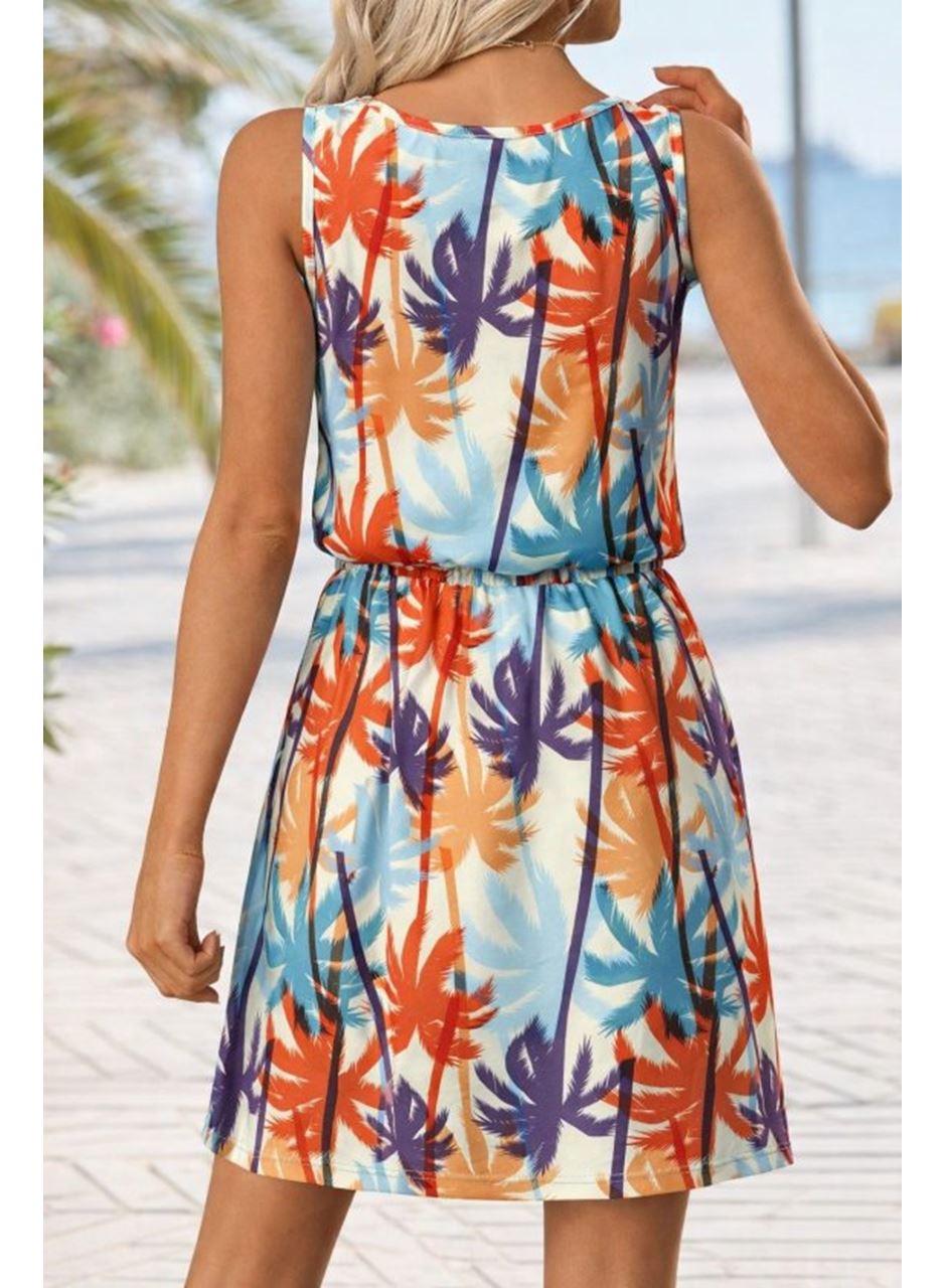 Kadını Askılı V Yakalı Duğme Detaylı Desenli Kısa Süprem Elbise