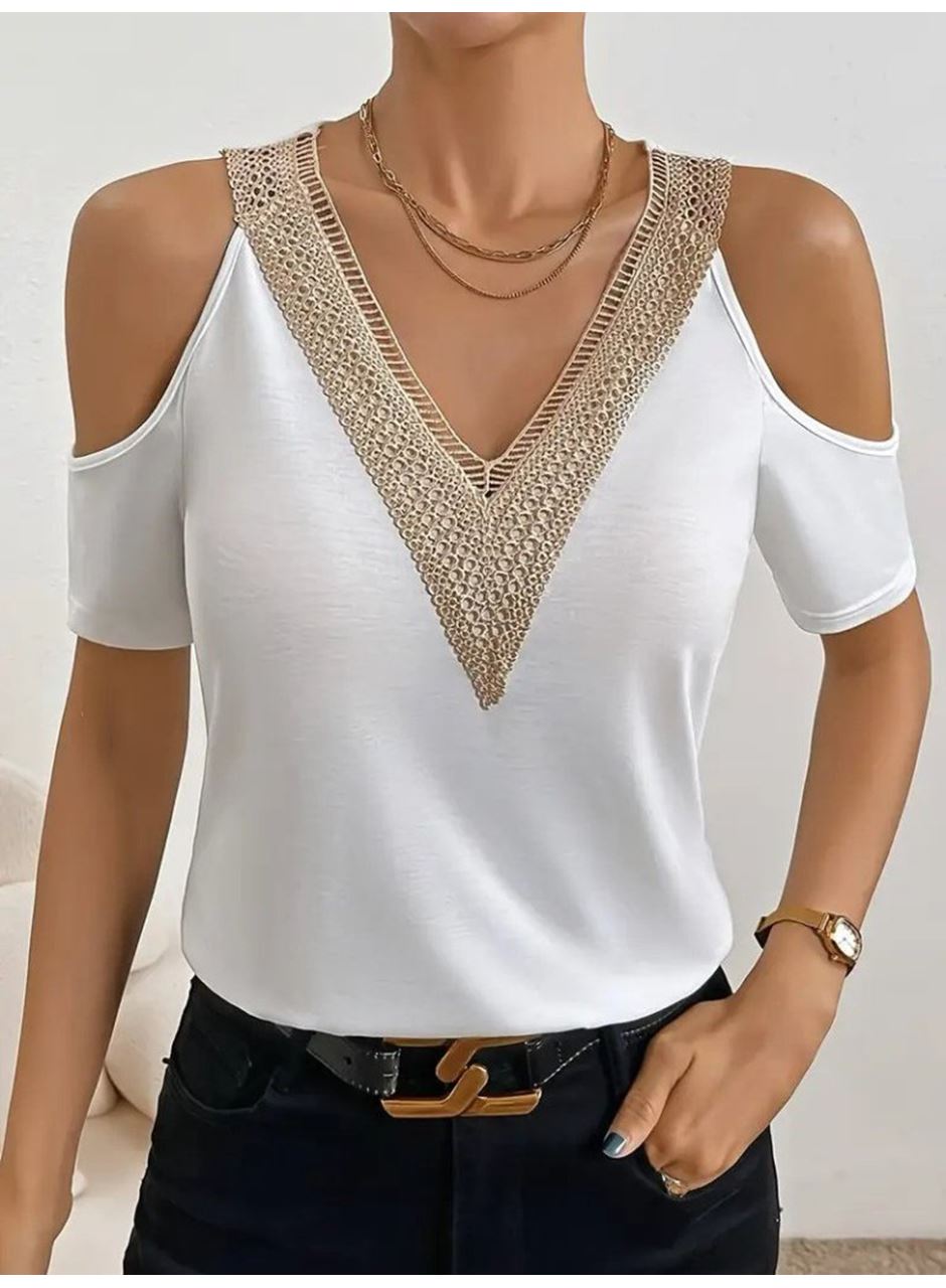 Kadın Omuzlardan Açık V Yakalı Viskon Bluz