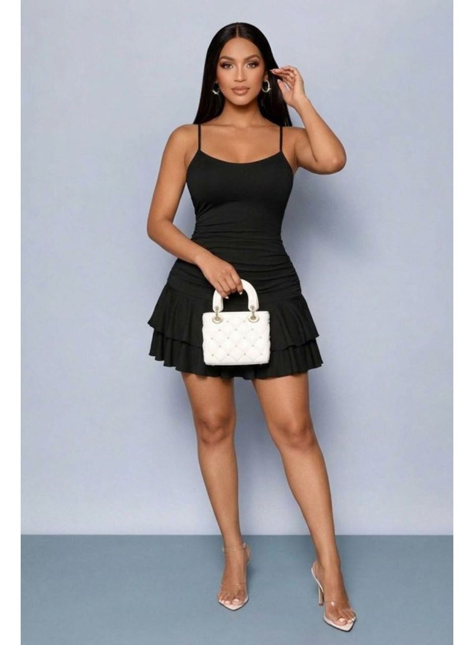 Kadın Ip Askılı Yuvarlak Yaka Büzgülü Kısa Sandy Elbise