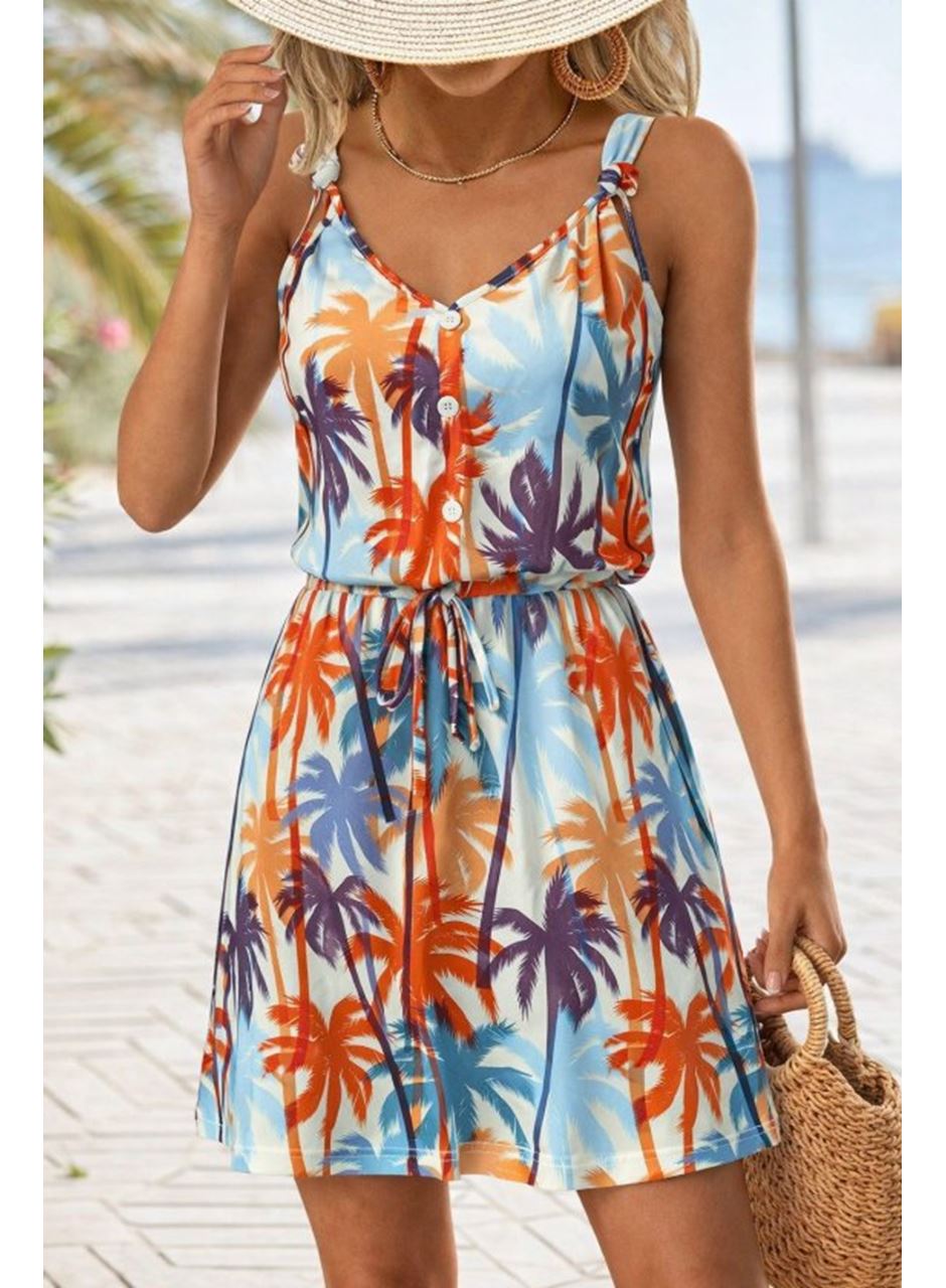 Kadını Askılı V Yakalı Duğme Detaylı Desenli Kısa Süprem Elbise