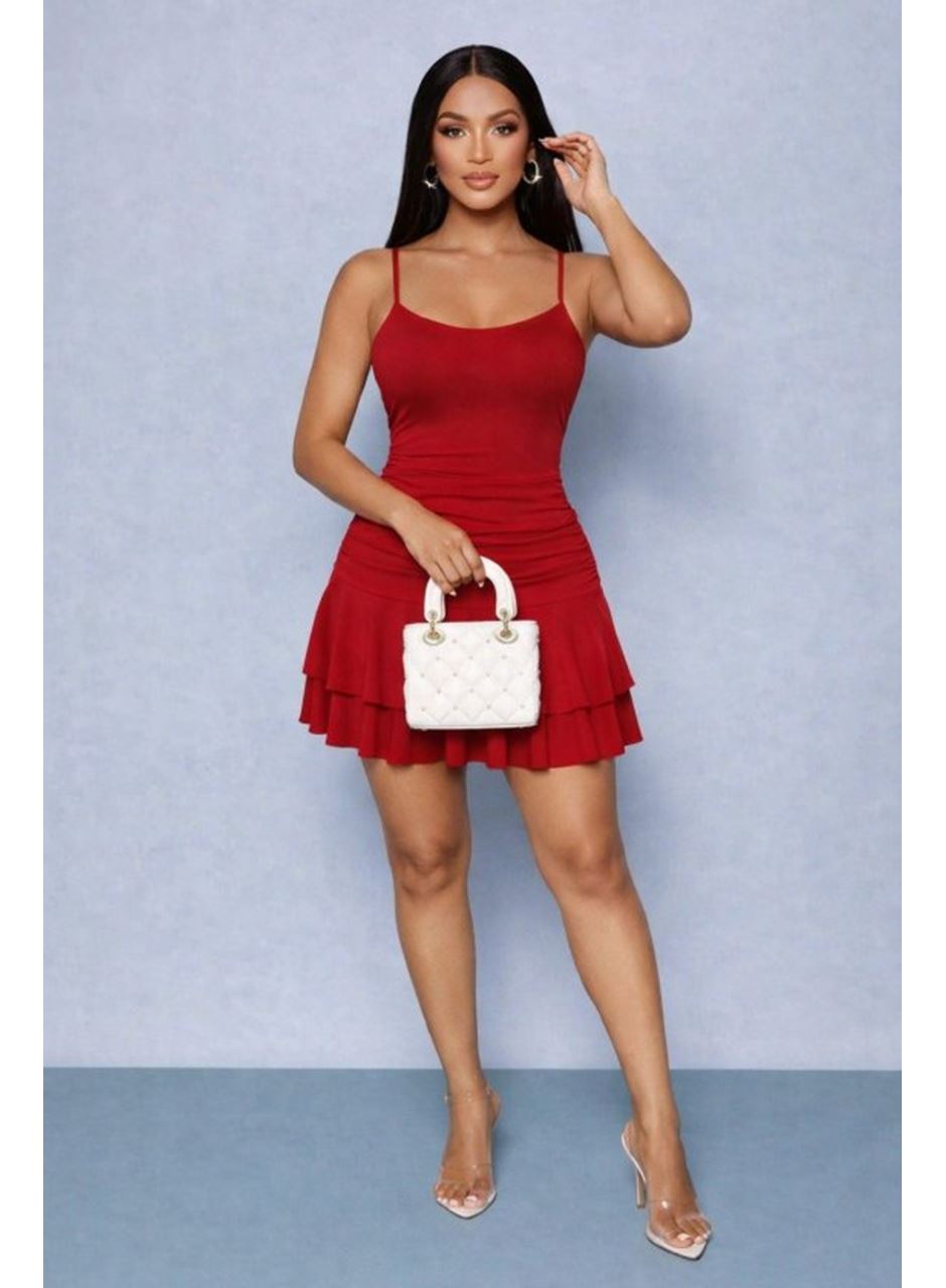 Kadın Ip Askılı Yuvarlak Yaka Büzgülü Kısa Sandy Elbise