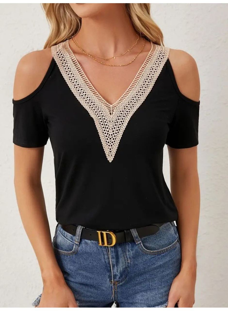 Kadın Omuzlardan Açık V Yakalı Viskon Bluz