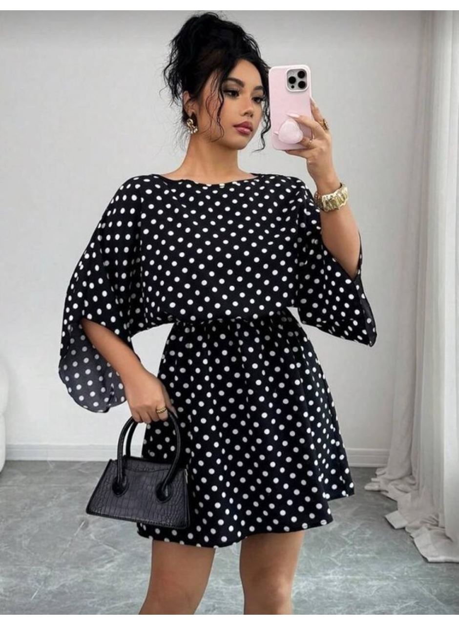 Kadın Puantiyeli örme Krep Mini Elbise (kemersiz)