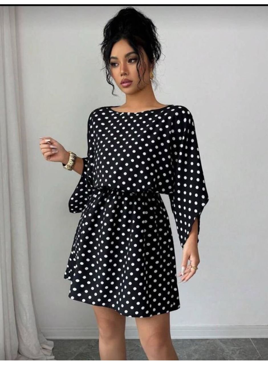 Kadın Puantiyeli örme Krep Mini Elbise (kemersiz)