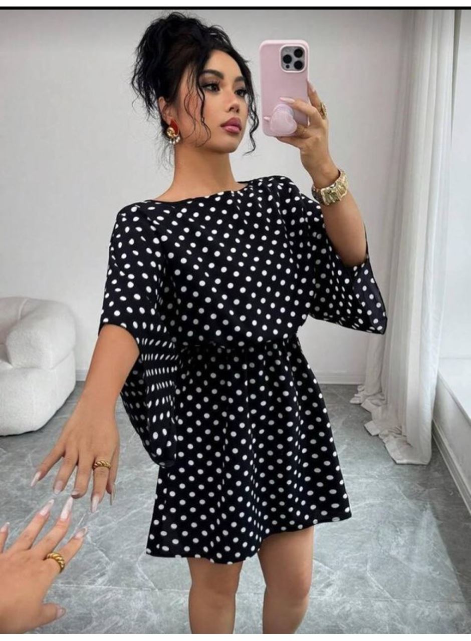 Kadın Puantiyeli örme Krep Mini Elbise (kemersiz)