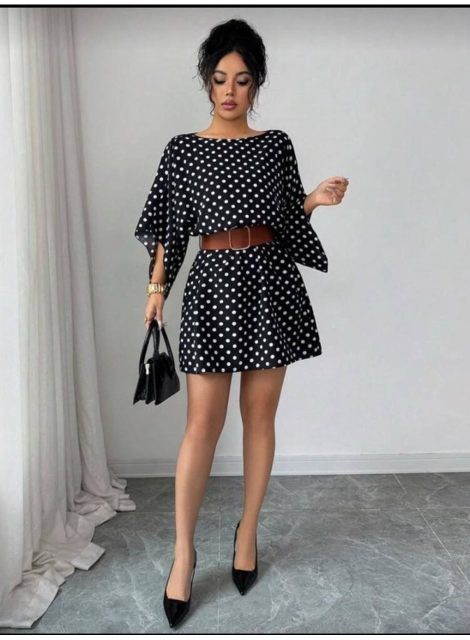 Kadın Puantiyeli örme Krep Mini Elbise (kemersiz)