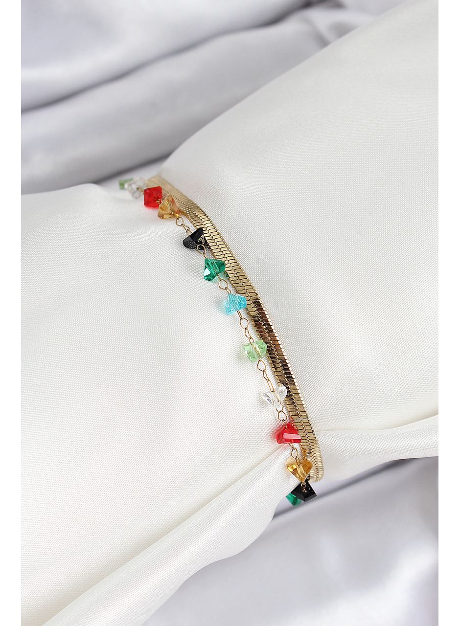 316L Çelik Gold Renk Kristal Karışık Renkli Taşlı 2'li Kadın Bileklik