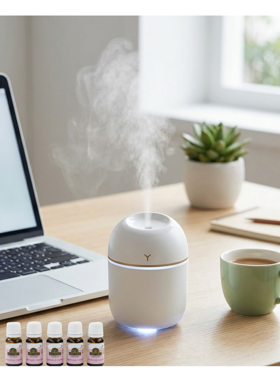 Mini Hava Nemlendirici USB Bağlantılı LED Işıklı 5 Esans Hediyeli Aromaterapi Difüzörü