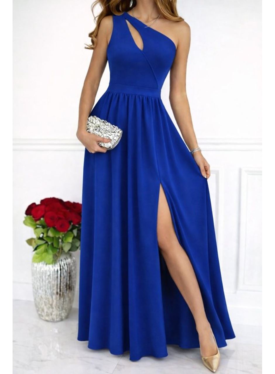 Kadın Omuzlardan Açık Asimetrik Yaka Detaylı Yırtmaçlı Maksi Boy Janjan Krep Elbise