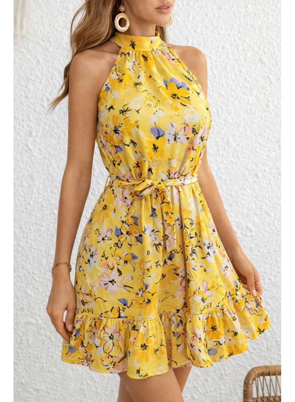 Kadın Omuzlardan Açık Balıkçı Yakalı Kuşaklı Desenli Kısa Süprem Elbise